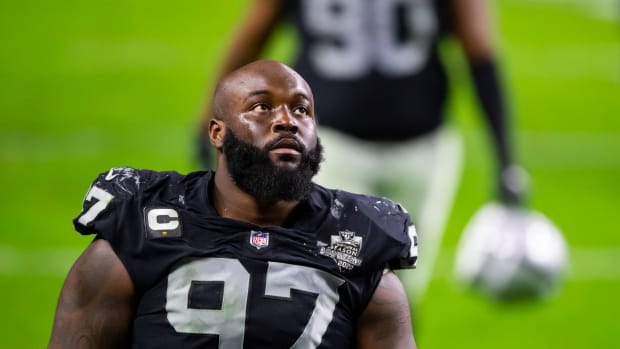 Nov 22, 2020; Paradise, Nevada, USA; Las Vegas Raiders defensive tackle Maliek Collins (97) against the Kansas City at Allegiant Stadium. Mandatory Credit: Mark J. Rebilas-USA TODAY Sports  